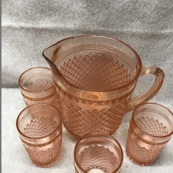 Pink Depression glass Miss America pitcher and glasses mint condition VINTAGE - Picture 2 of 8